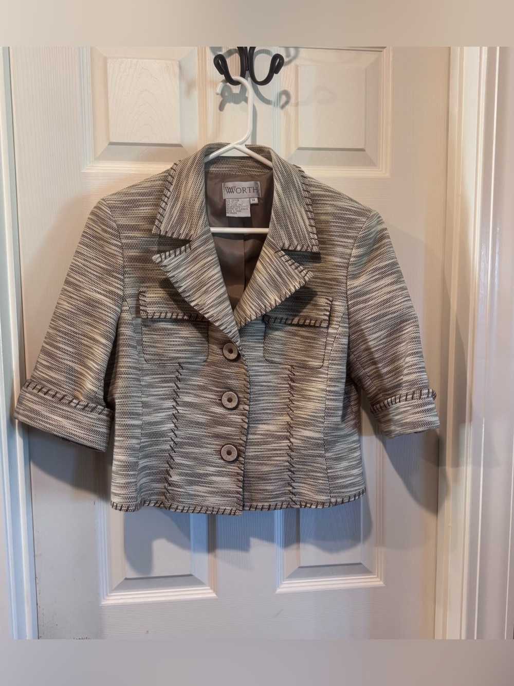 Worth Designer Cropped Striped Short-Sleeve Jacket in Taupe and Cream